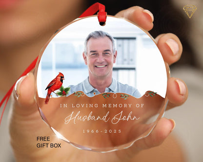 In Loving Memory of Husband Photo Glass Ornament - Cardinal Designed Memorial for a Bereaved Wife