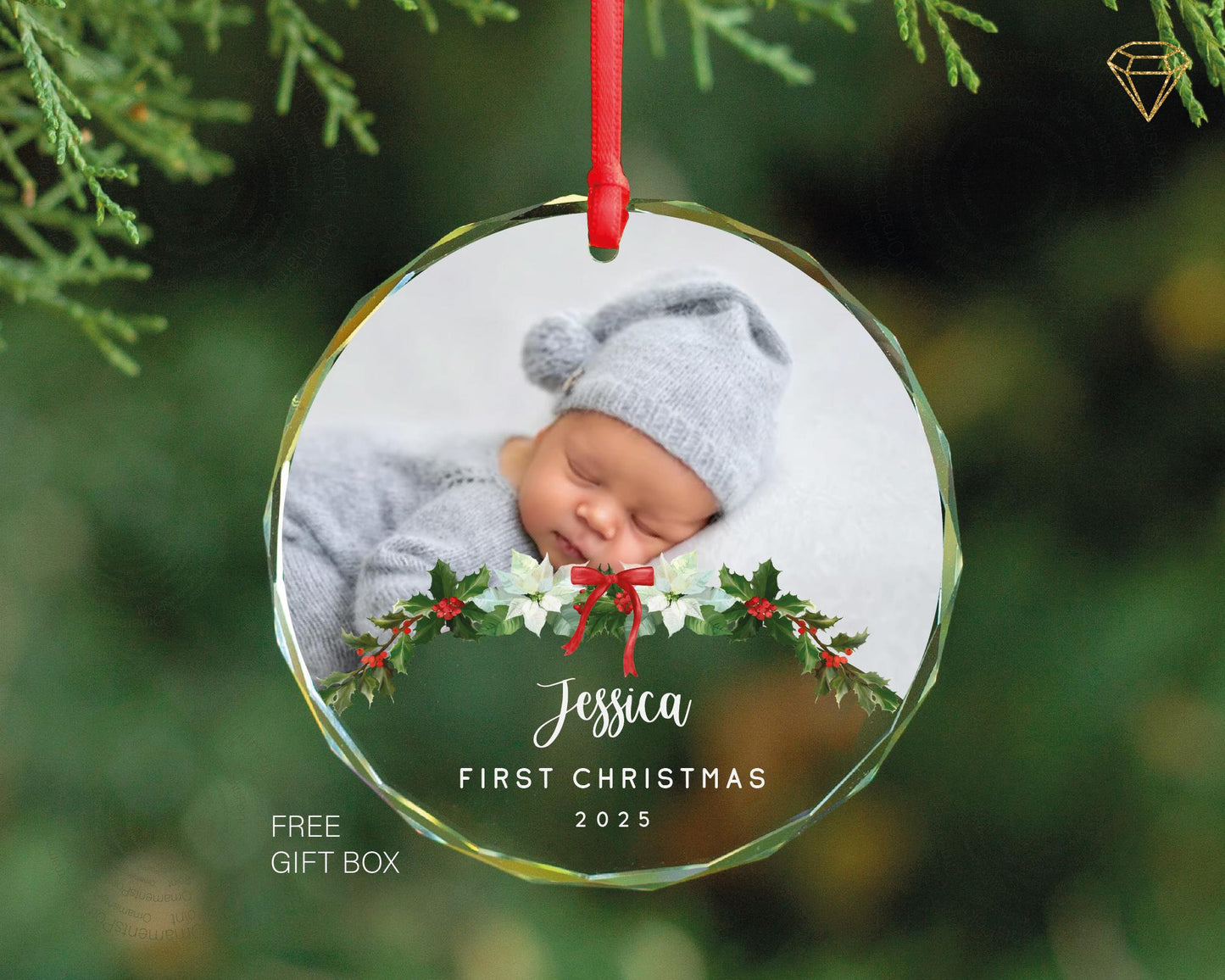 Custom Baby Photo Glass Ornament - First Year Newborn Picture Keepsake