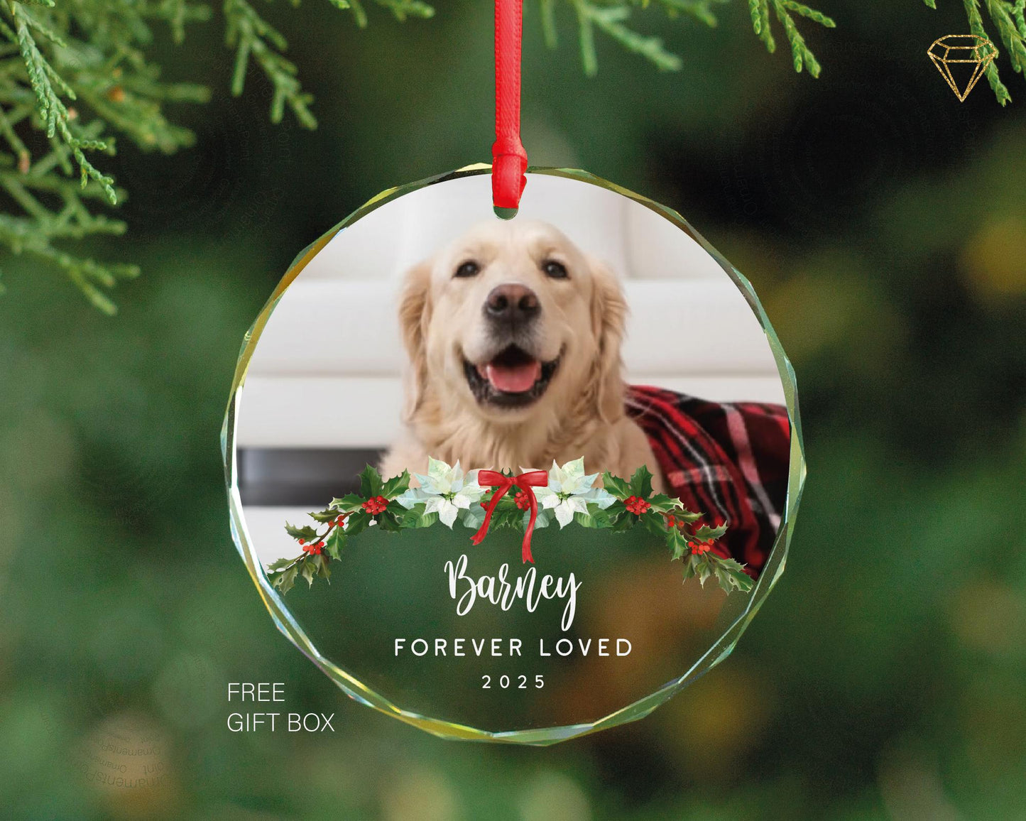 Loss of Dog Photo Glass Ornament - Forever Loved Custom Pet Portrait Keepsake