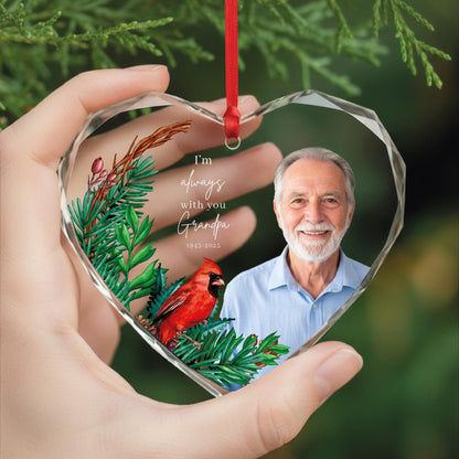 I Am Always With You Grandpa Glass Heart Ornament - Grandfather Photo Memorial