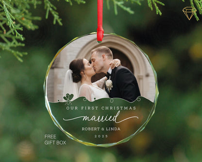 Our First Christmas Married Photo Glass Ornament - Custom Bride and Groom Picture