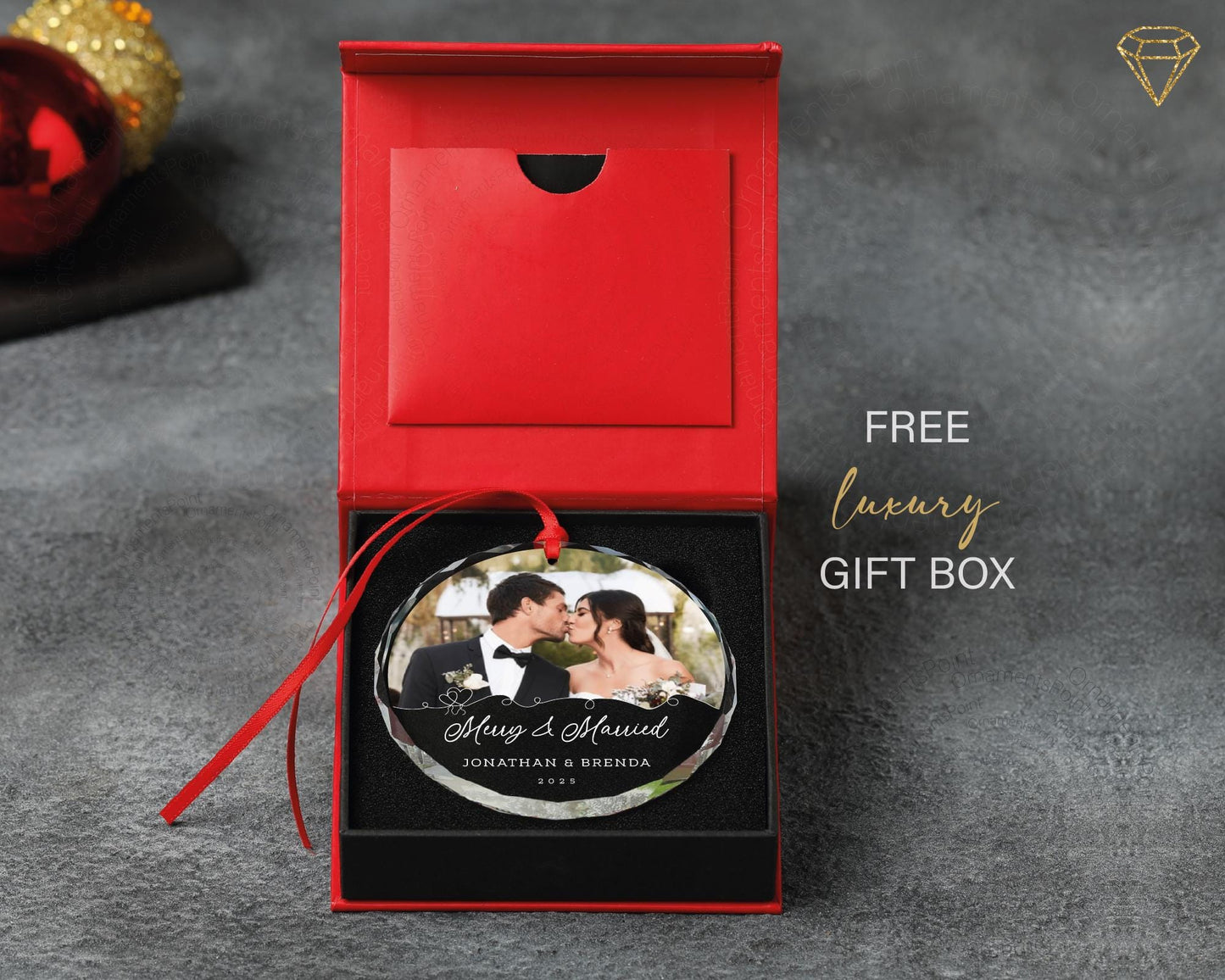 Custom Merry and Married Photo Glass Ornament