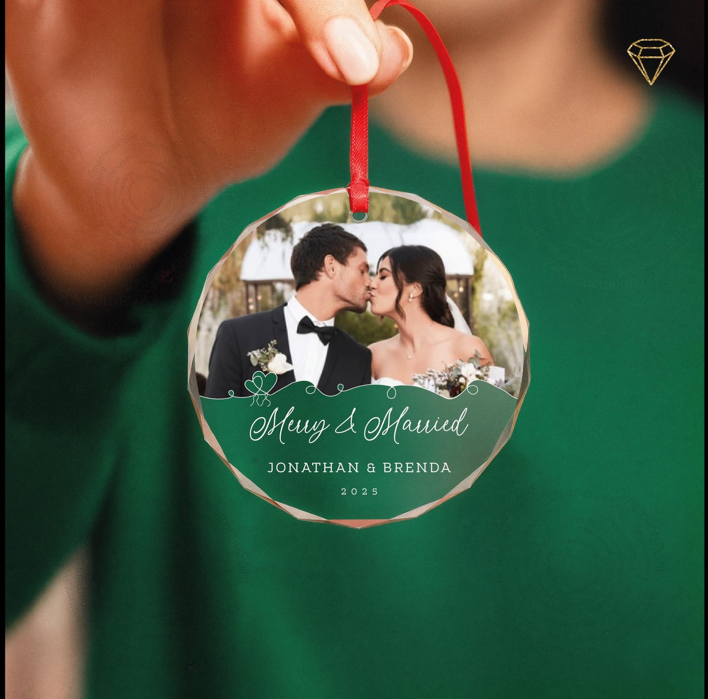 Custom Merry and Married Photo Glass Ornament