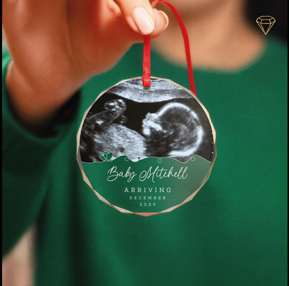 Custom Baby Ultrasound Photo Glass Ornament - Personalized Arriving Baby Name