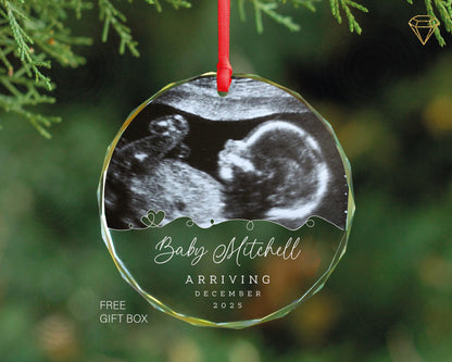 Custom Baby Ultrasound Photo Glass Ornament - Personalized Arriving Baby Name