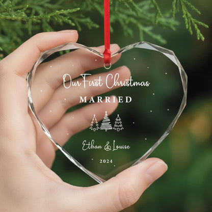 Personalized First Christmas Married Heart Shaped GLASS Ornament, Newlywed Marriage Gift