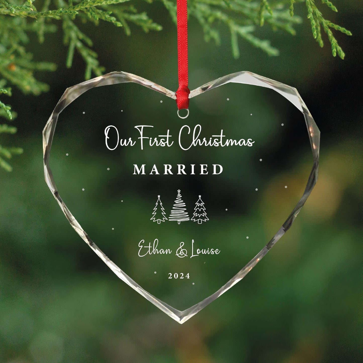 Personalized First Christmas Married Heart Shaped GLASS Ornament, Newlywed Marriage Gift