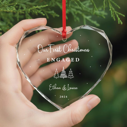 Personalized Engagement Heart Shaped Glass Ornament - First Christmas Engaged