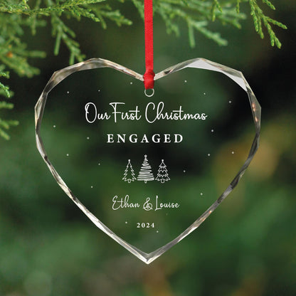Personalized Engagement Heart Shaped Glass Ornament - First Christmas Engaged