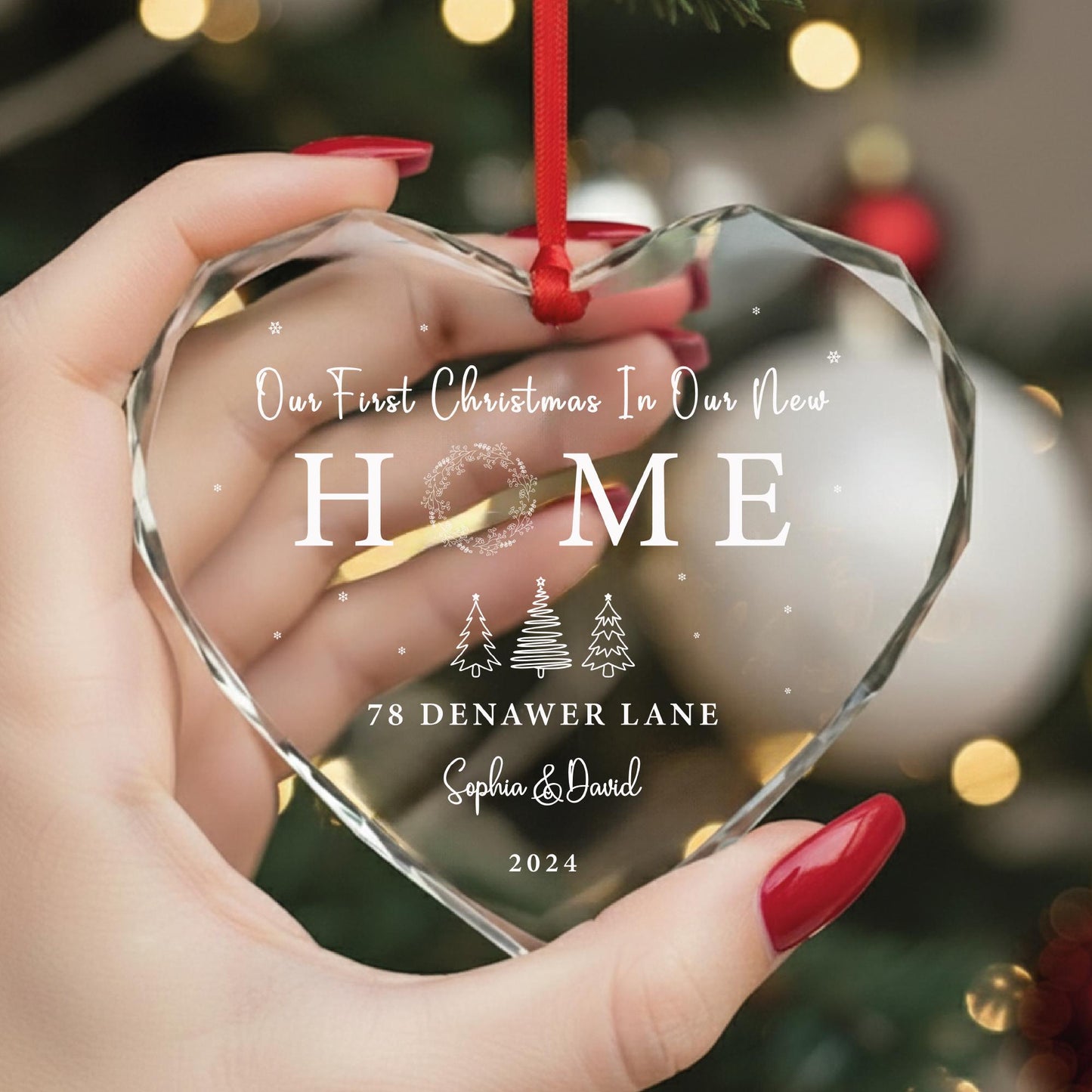 Personalized New Home Heart Shaped GLASS Ornament - Address Ornament for Christmas Tree - Our First Christmas In Our New Home