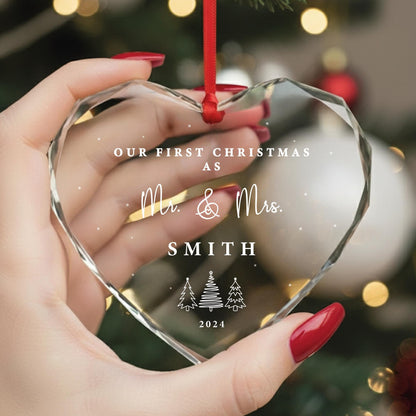 Personalized Mr & Mrs Christmas Ornament, Gem-Cut Glass Heart
