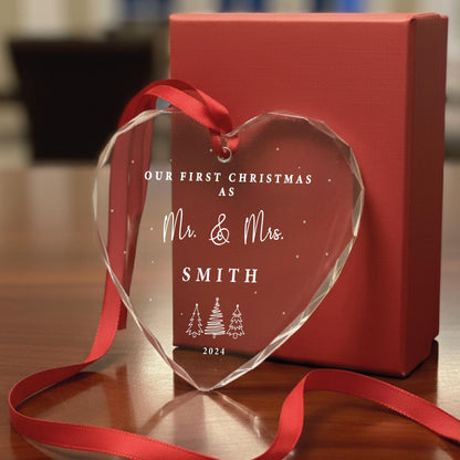 Personalized Mr & Mrs Christmas Ornament, Gem-Cut Glass Heart