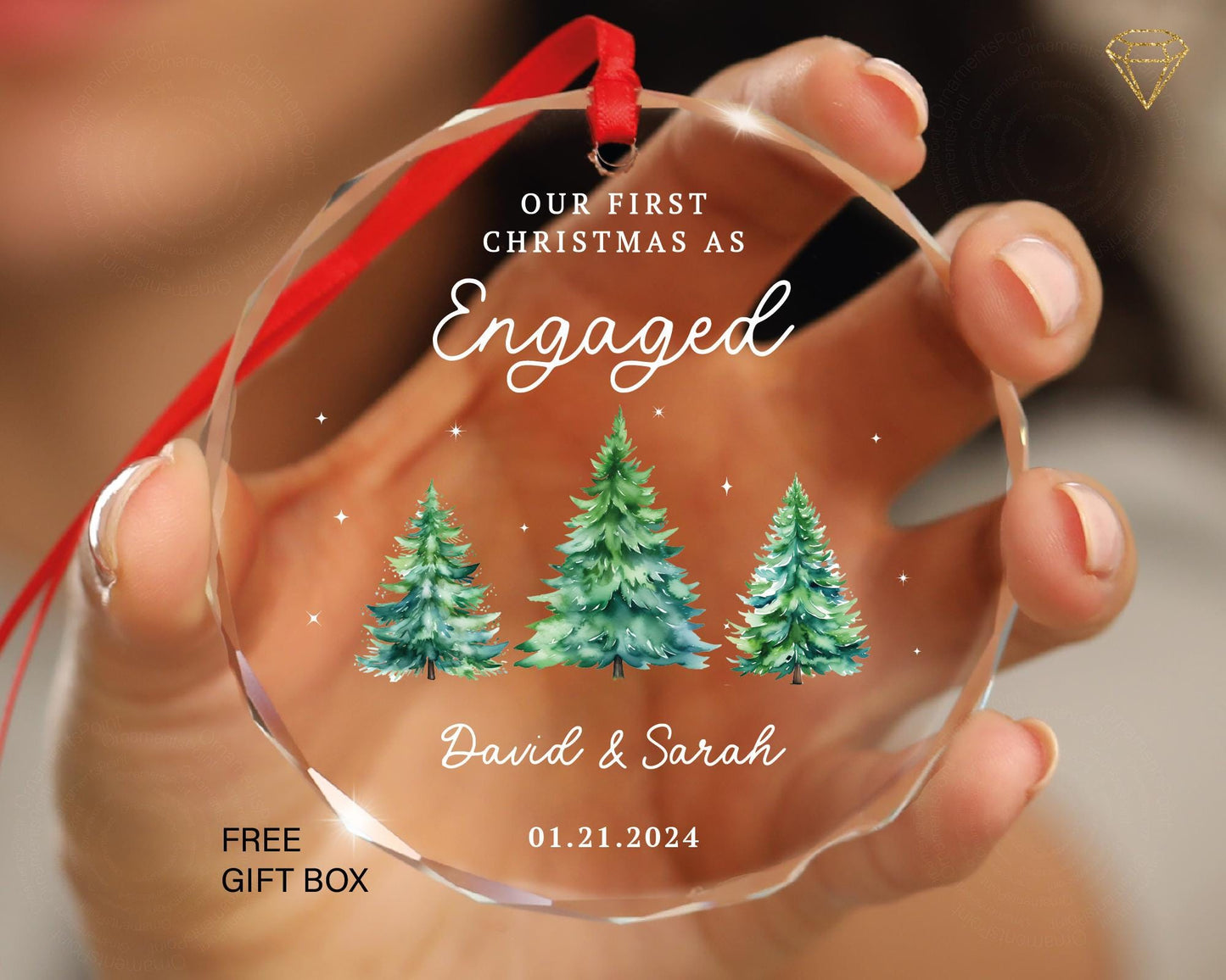 First Christmas Engaged Ornament Heart Shaped - Personalized Engagement Glass