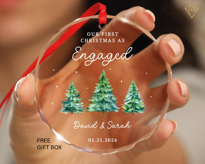 First Christmas Engaged Ornament Heart Shaped - Personalized Engagement Glass