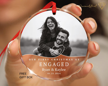 Personalized Photo Engagement Ornament - Our First Christmas Engaged With Names and Pictures