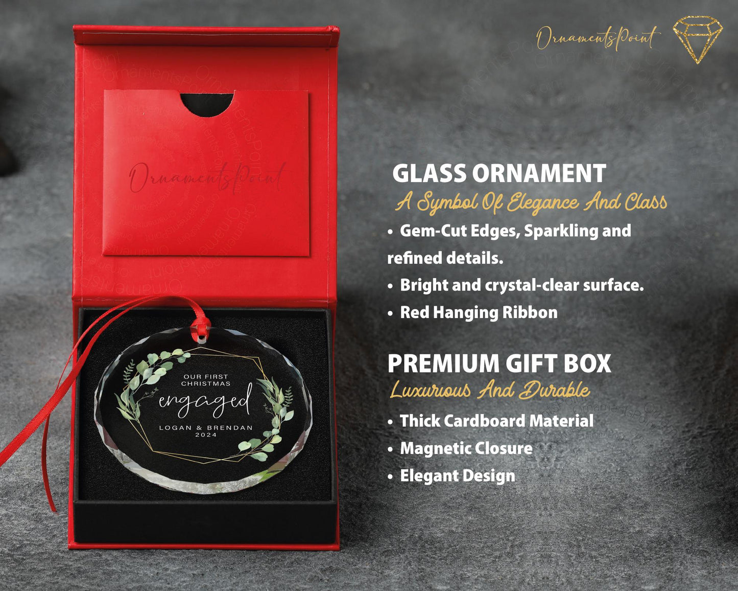 Personalized Engagement Christmas Glass Ornament, Our First Christmas Engaged