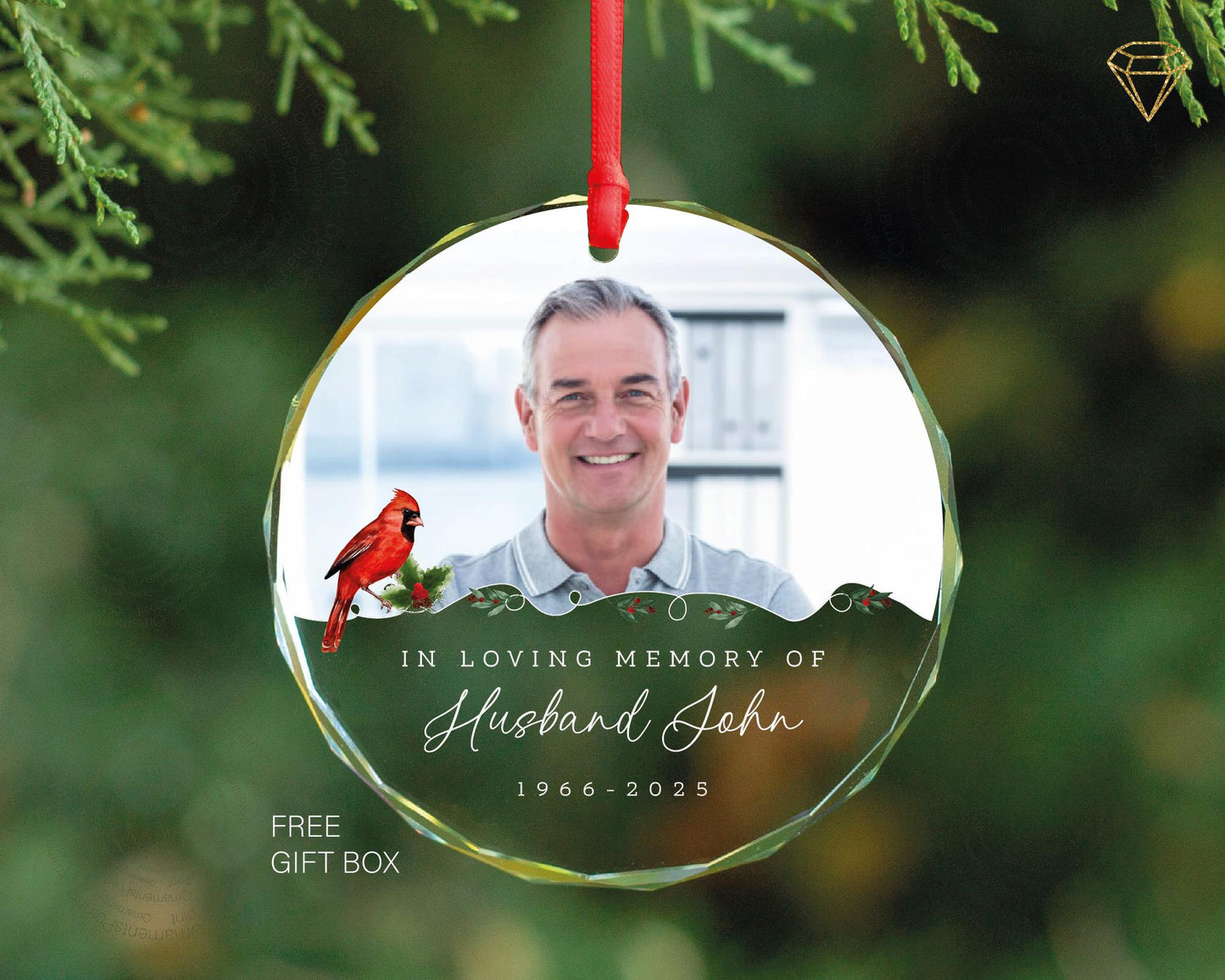 In Loving Memory of Husband Photo Glass Ornament - Cardinal Designed Memorial for a Bereaved Wife