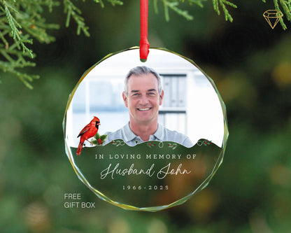 In Loving Memory of Husband Photo Glass Ornament - Cardinal Designed Memorial for a Bereaved Wife