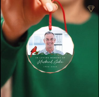 In Loving Memory of Husband Photo Glass Ornament - Cardinal Designed Memorial for a Bereaved Wife