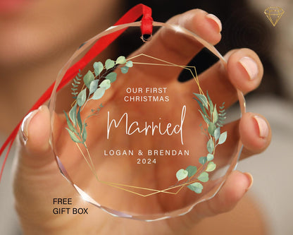 First Christmas Married Ornament, Personalized GLASS Marriage, Newlywed Wedding Gift