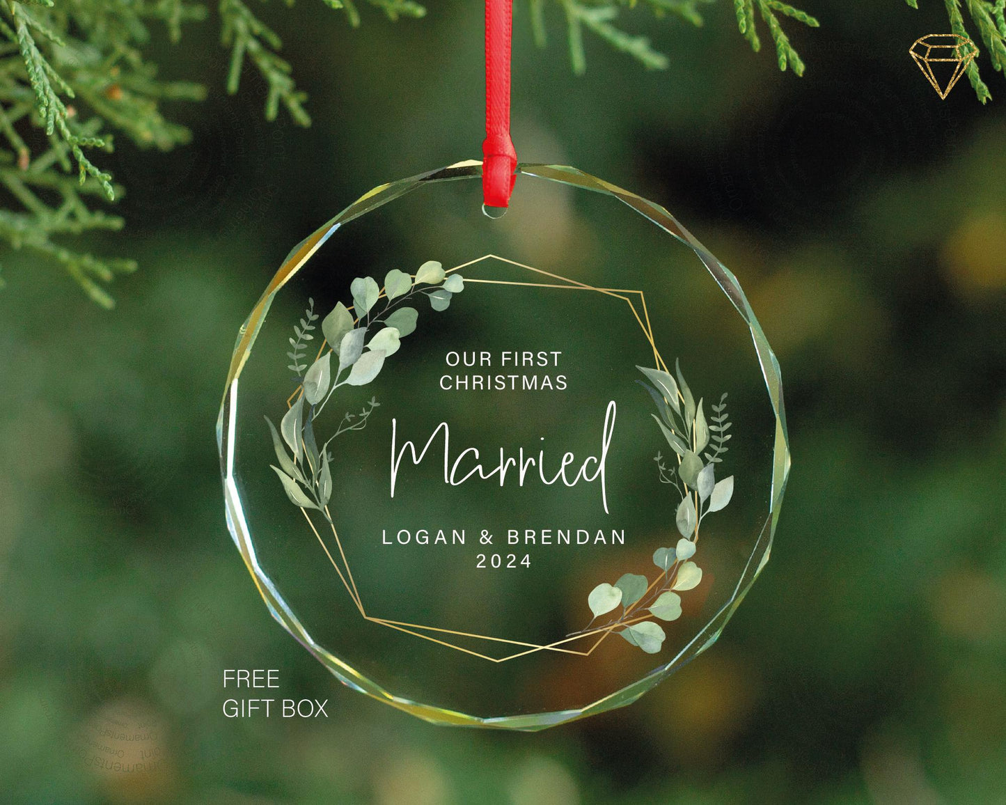 First Christmas Married Ornament, Personalized GLASS Marriage, Newlywed Wedding Gift