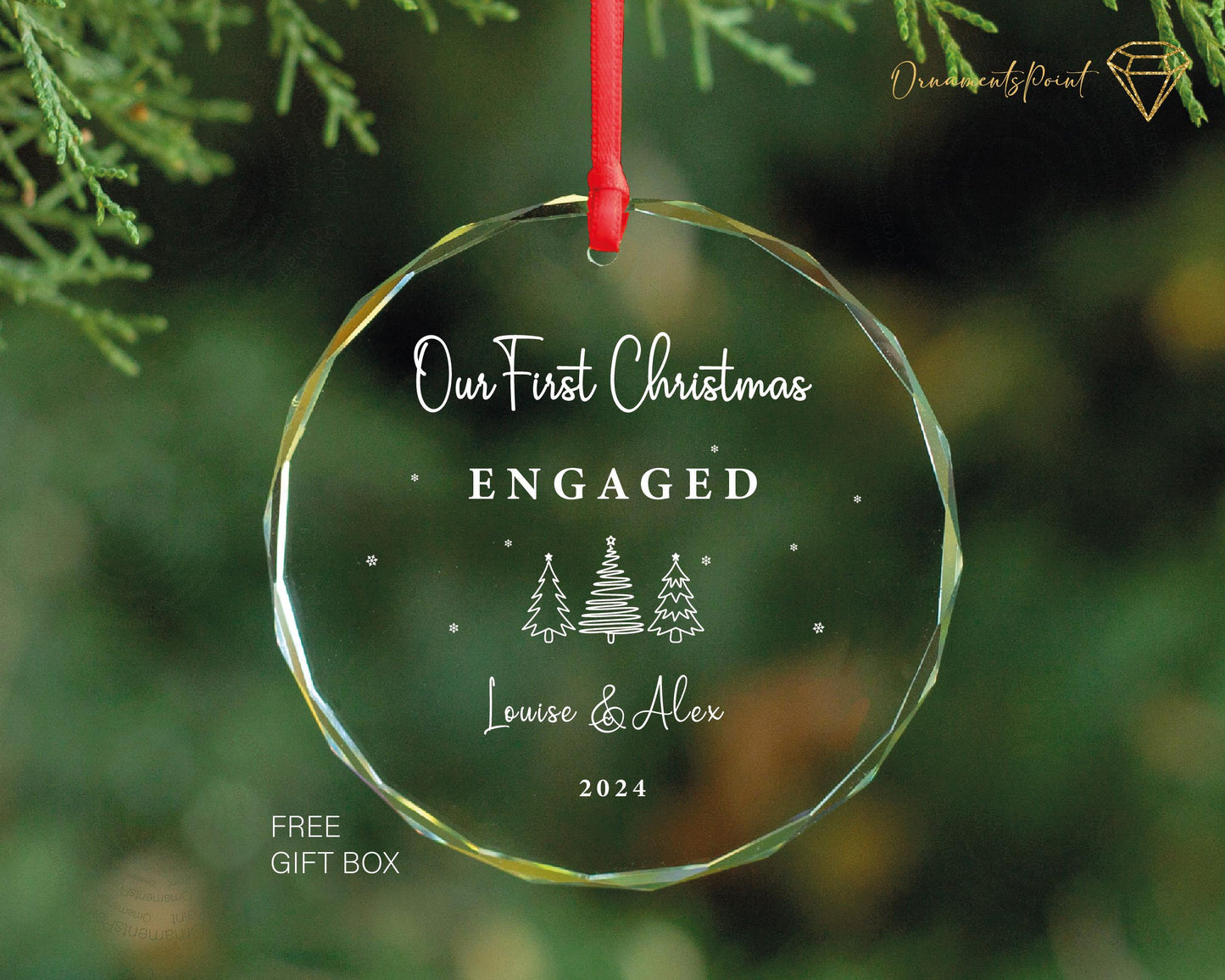 Personalized Engaged Christmas Glass Ornament, Our First Christmas