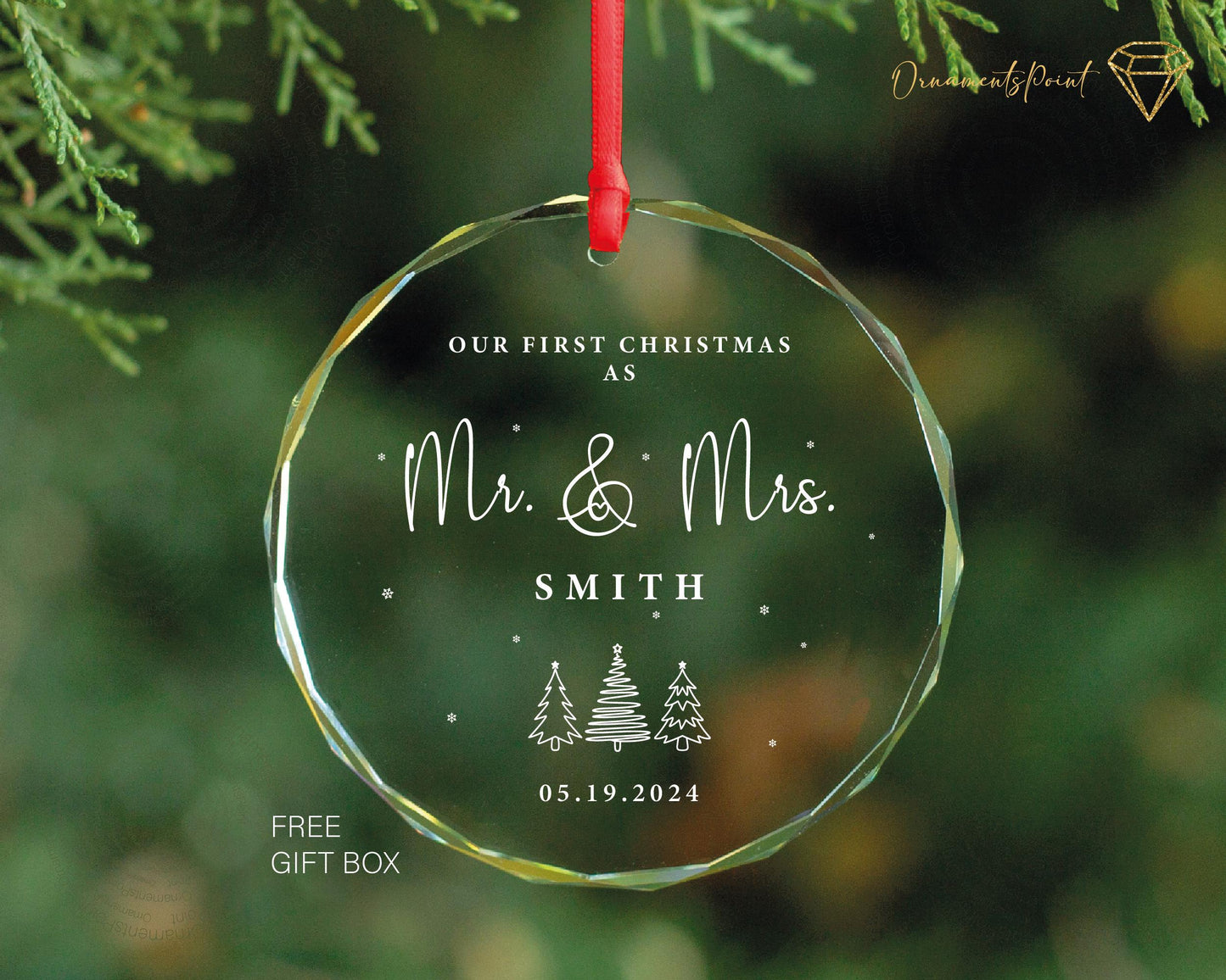 Personalized Mr and Mrs Christmas GLASS Ornament, Last Name MrMrs