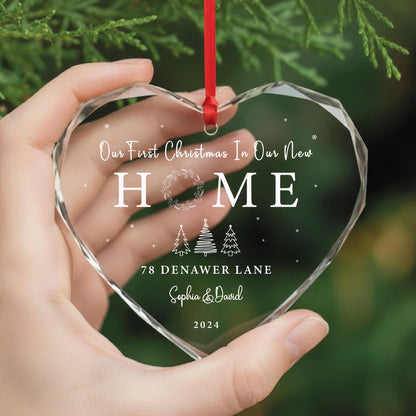 Personalized New Home Heart Shaped GLASS Ornament - Address Ornament for Christmas Tree - Our First Christmas In Our New Home