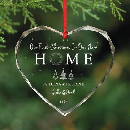Personalized New Home Heart Shaped GLASS Ornament - Address Ornament for Christmas Tree - Our First Christmas In Our New Home