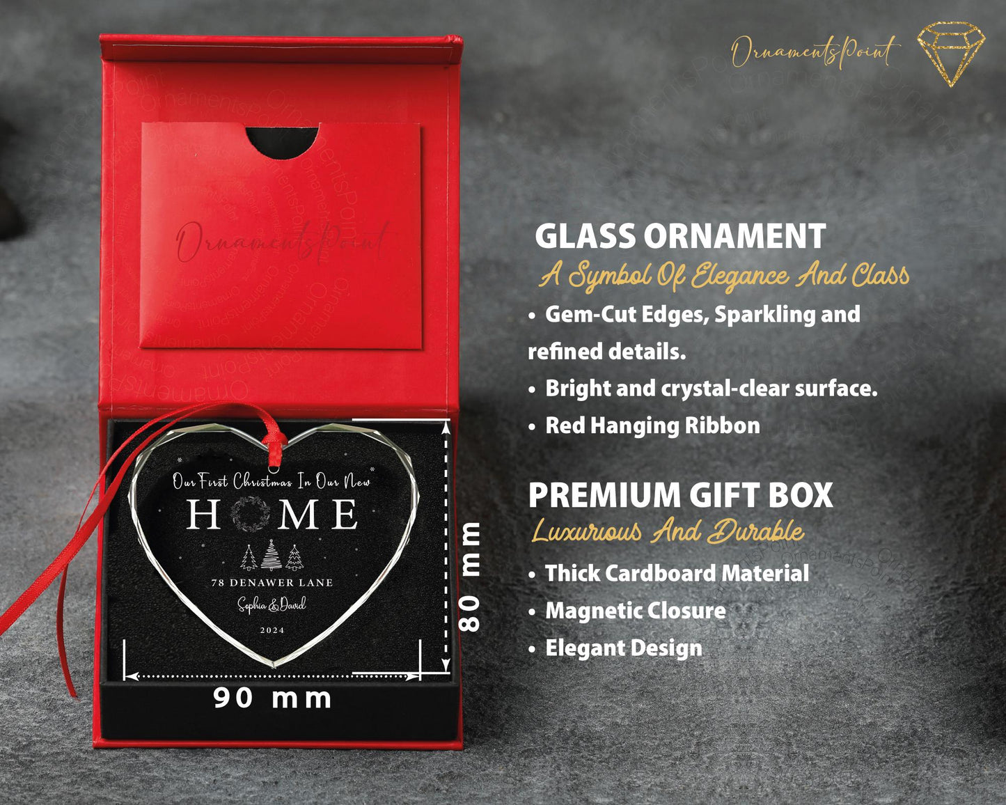 Personalized New Home Heart Shaped GLASS Ornament - Address Ornament for Christmas Tree - Our First Christmas In Our New Home