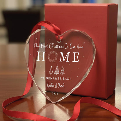 Personalized New Home Heart Shaped GLASS Ornament - Address Ornament for Christmas Tree - Our First Christmas In Our New Home