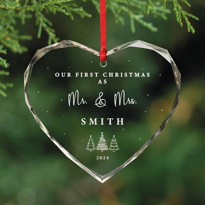 Personalized Mr & Mrs Christmas Ornament, Gem-Cut Glass Heart