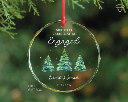 First Christmas Engaged Ornament Heart Shaped - Personalized Engagement Glass