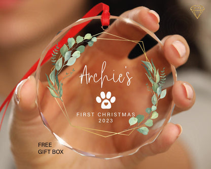 Dog Paw First Christmas Ornament - Puppy First Christmas Ornament - Personalized Dog's Glass Keepsake