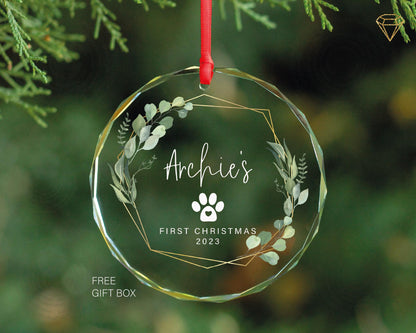 Dog Paw First Christmas Ornament - Puppy First Christmas Ornament - Personalized Dog's Glass Keepsake