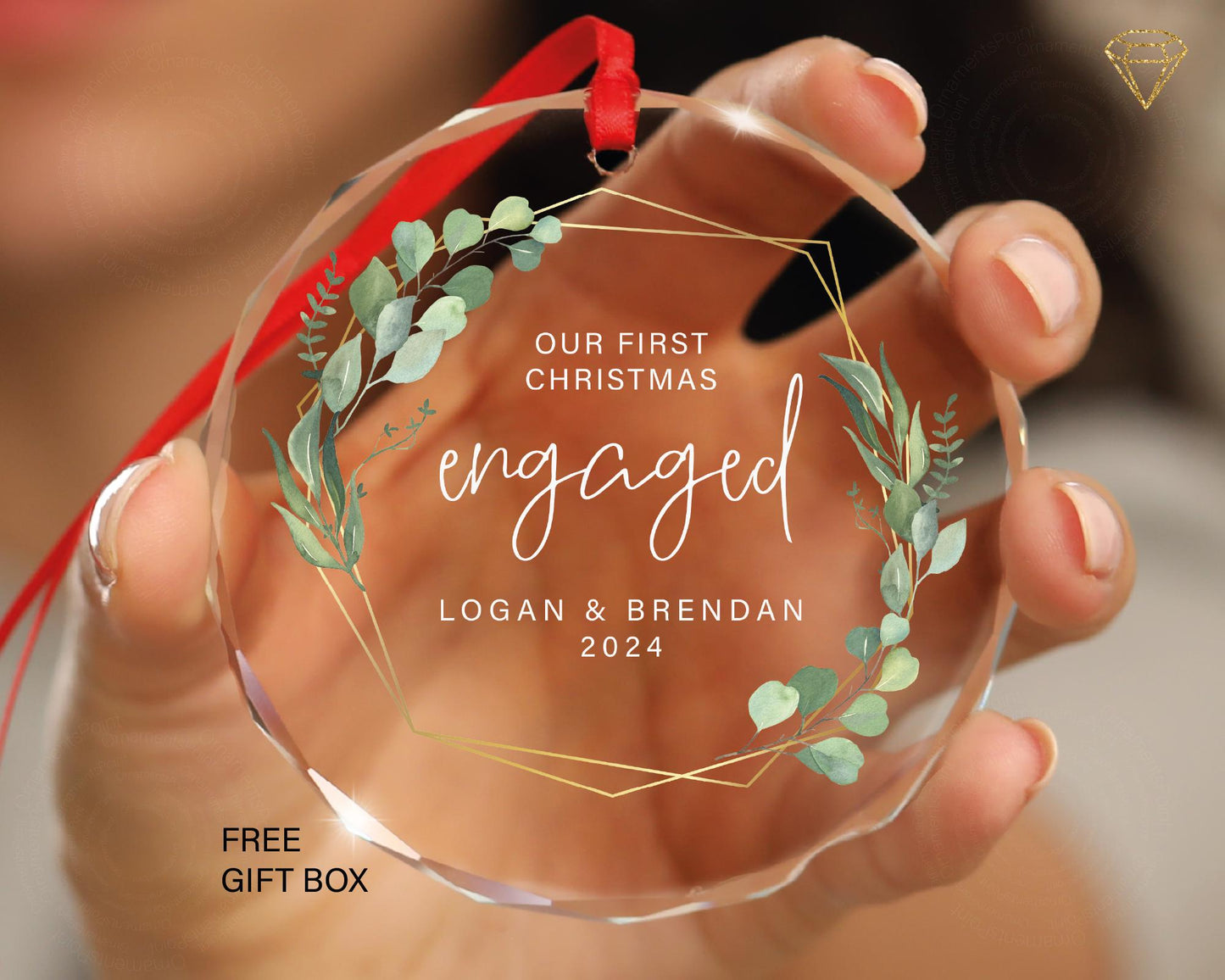 Personalized Engagement Christmas Glass Ornament, Our First Christmas Engaged