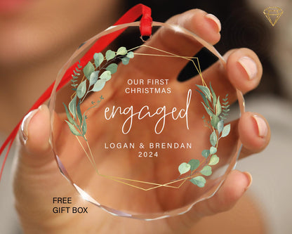 Personalized Engagement Christmas Glass Ornament, Our First Christmas Engaged