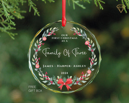 Personalized Family of Three Gem-Cut Glass Ornament - Christmas Gift