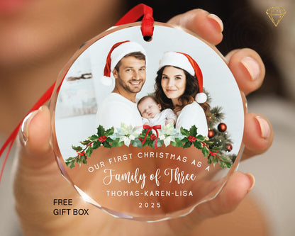 Custom Mom Dad and New Baby Photo Glass Ornament - Our First Christmas as a Family of Three