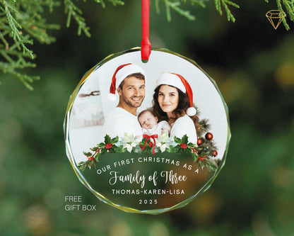 Custom Mom Dad and New Baby Photo Glass Ornament - Our First Christmas as a Family of Three