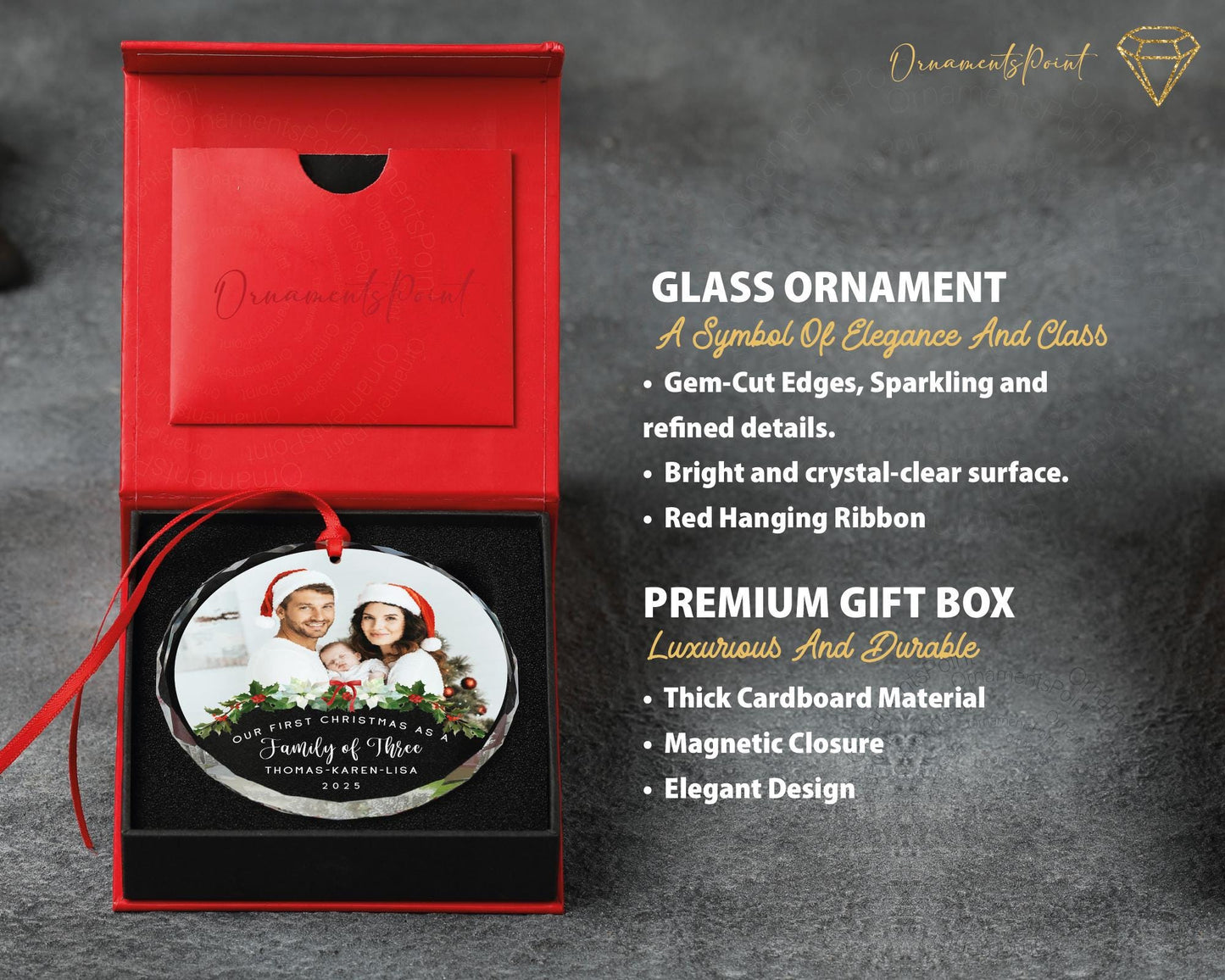 Custom Mom Dad and New Baby Photo Glass Ornament - Our First Christmas as a Family of Three