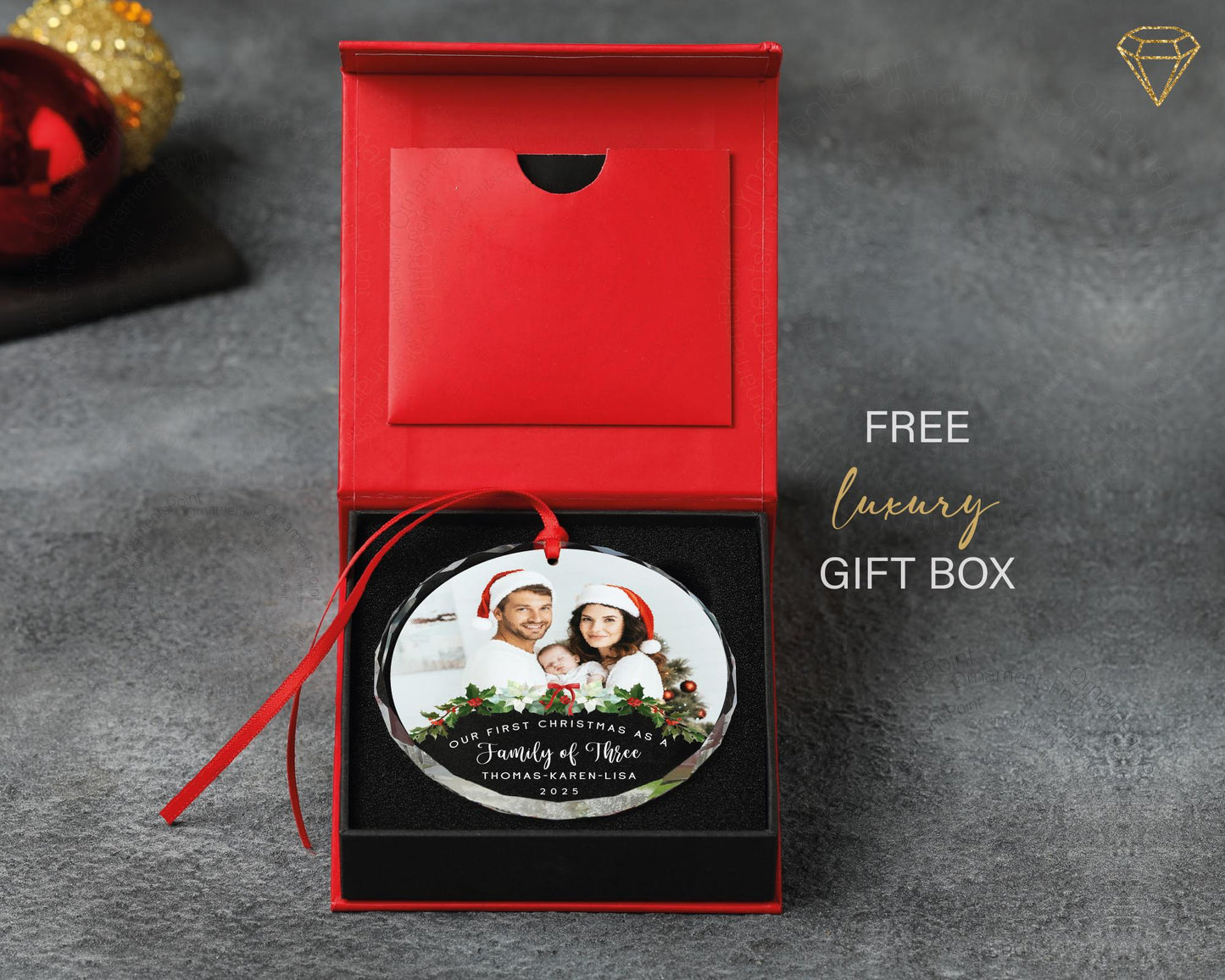 Custom Mom Dad and New Baby Photo Glass Ornament - Our First Christmas as a Family of Three