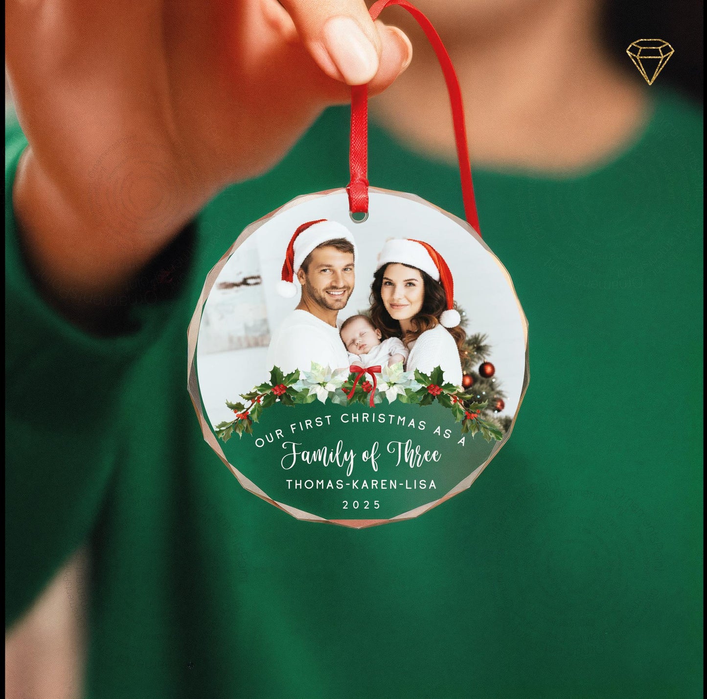 Custom Mom Dad and New Baby Photo Glass Ornament - Our First Christmas as a Family of Three