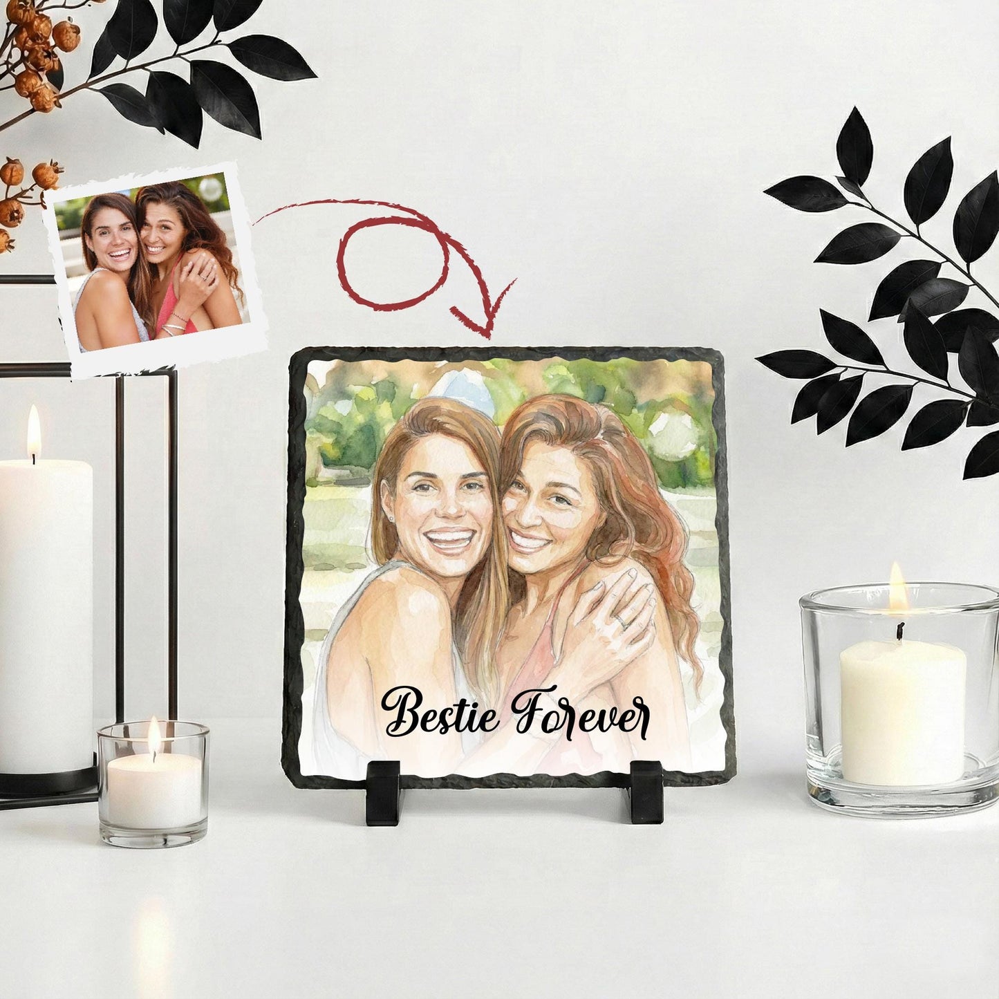 Custom Bestie Watercolor Effect Photo Slate Stone, Best Friend Picture Rock Plaque
