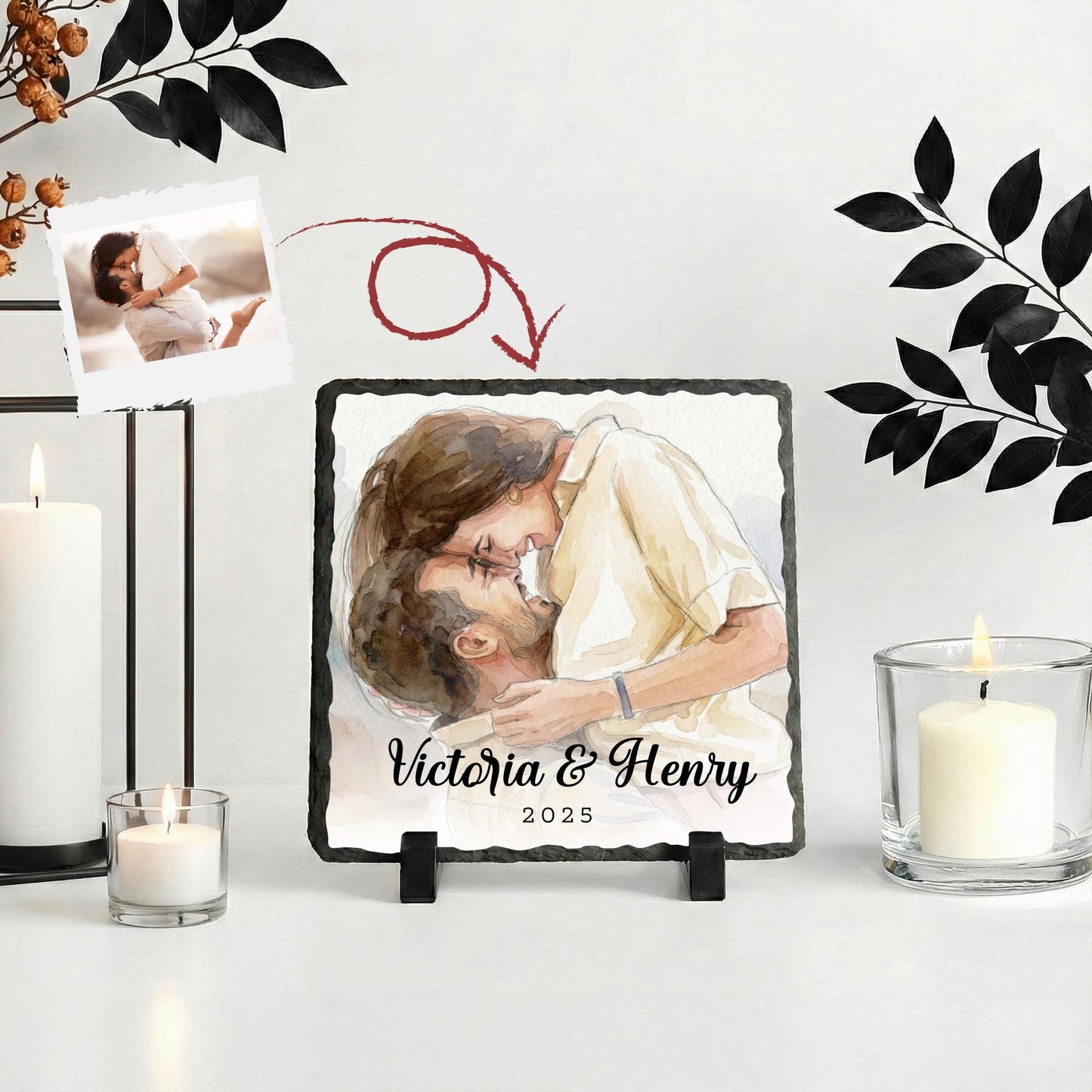 Personalized Couple Watercolor Effect Photo Rock Slate, Valentines Picture Art Effect Plaque