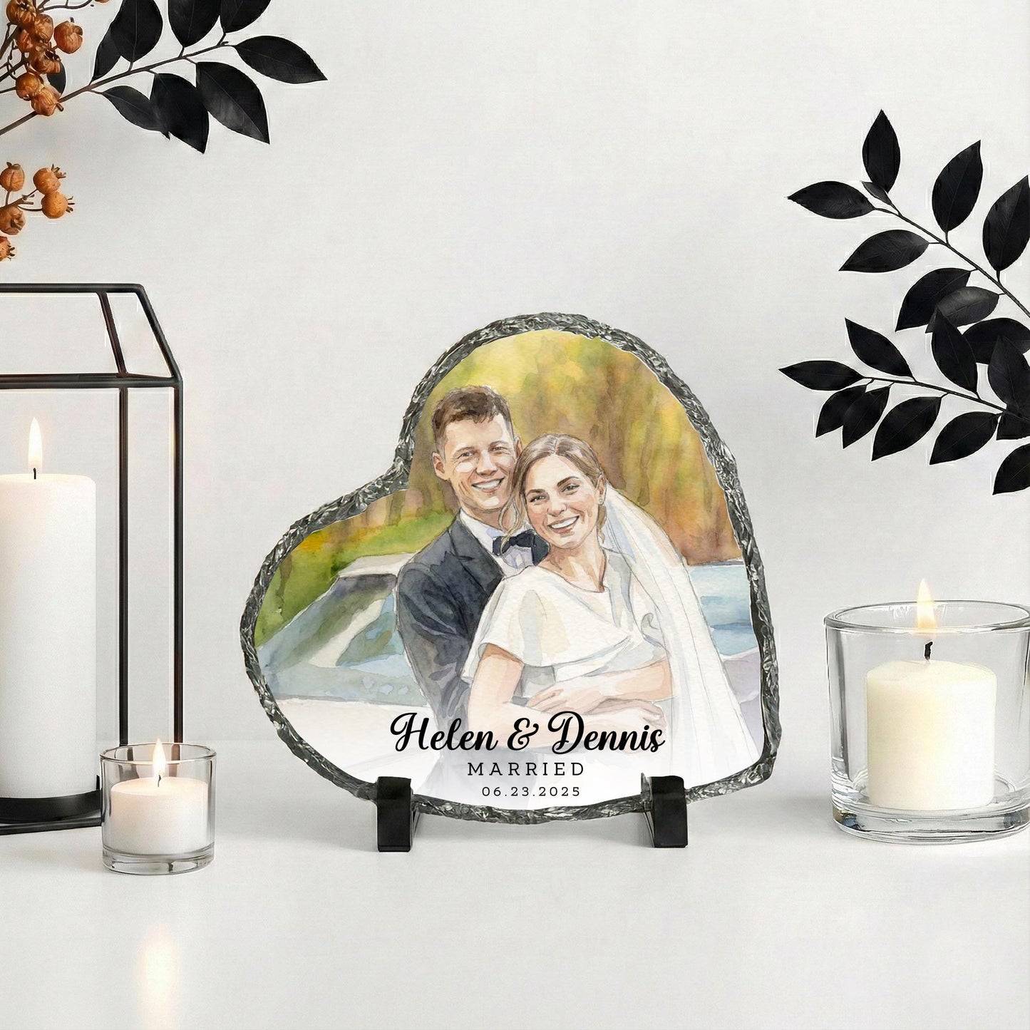 Married Photo with Watercolor Effect Stone Plaque, Marriage Picture Rock Slate