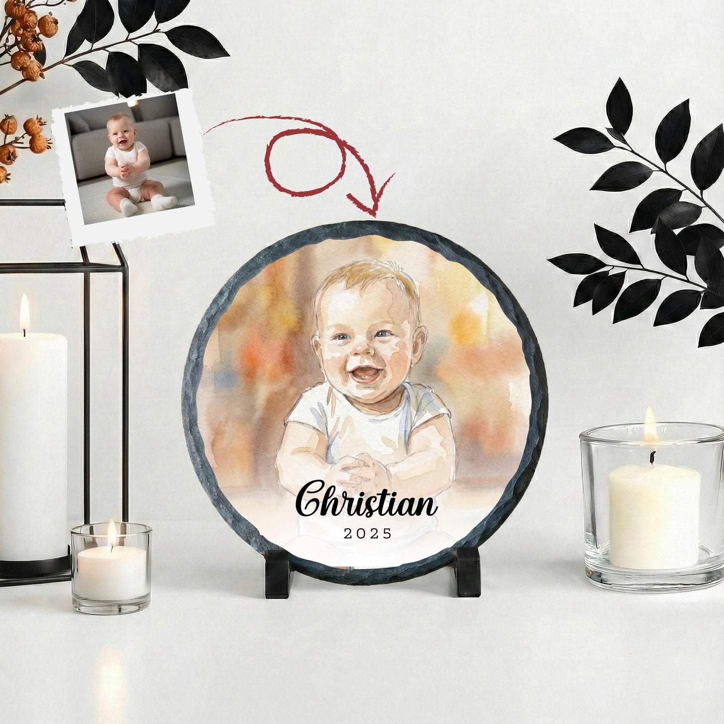 Personalized Baby Photo with Watercolor Effect Stone Plaque, Present for New Moms