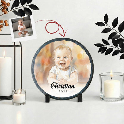 Personalized Baby Photo with Watercolor Effect Stone Plaque, Present for New Moms