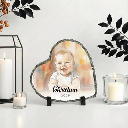 Personalized Baby Photo with Watercolor Effect Stone Plaque, Present for New Moms