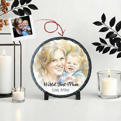 World Best Mom Watercolor Effect Picture Slate Stone Plaque
